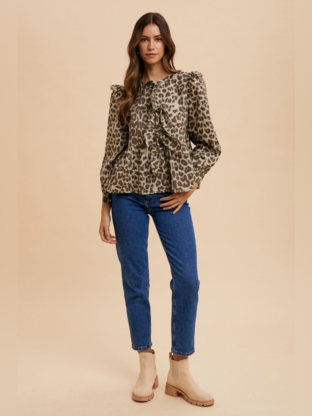 Annie Wear Leopard Print Tie Front Peplum Blouse Brown Cream Women Size XL